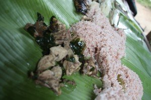 Rice cooked inside bamboo, native chicken cooked with ginger and malunggay leaves, char broiled fish. Our lunch prepared by the Aetas.