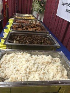 Filpino breakfast of sinangag (fried rice), dinuguan, dinaing, bistek (beef steak) and more.