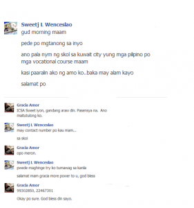 Screen capture of conversation with Kabayan Sweet
